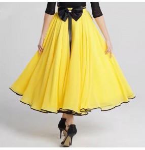 Women ballroom dance skirts yellow white green back with bowknot waltz tango foxtrot smooth dance long swing skirts